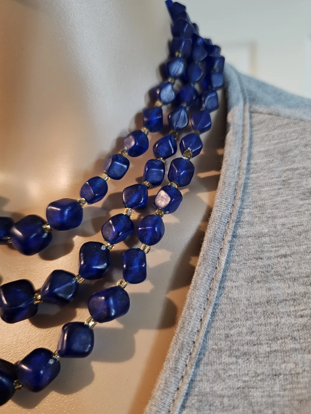 Vintage Bold Triple-Row Blue Beaded Necklace